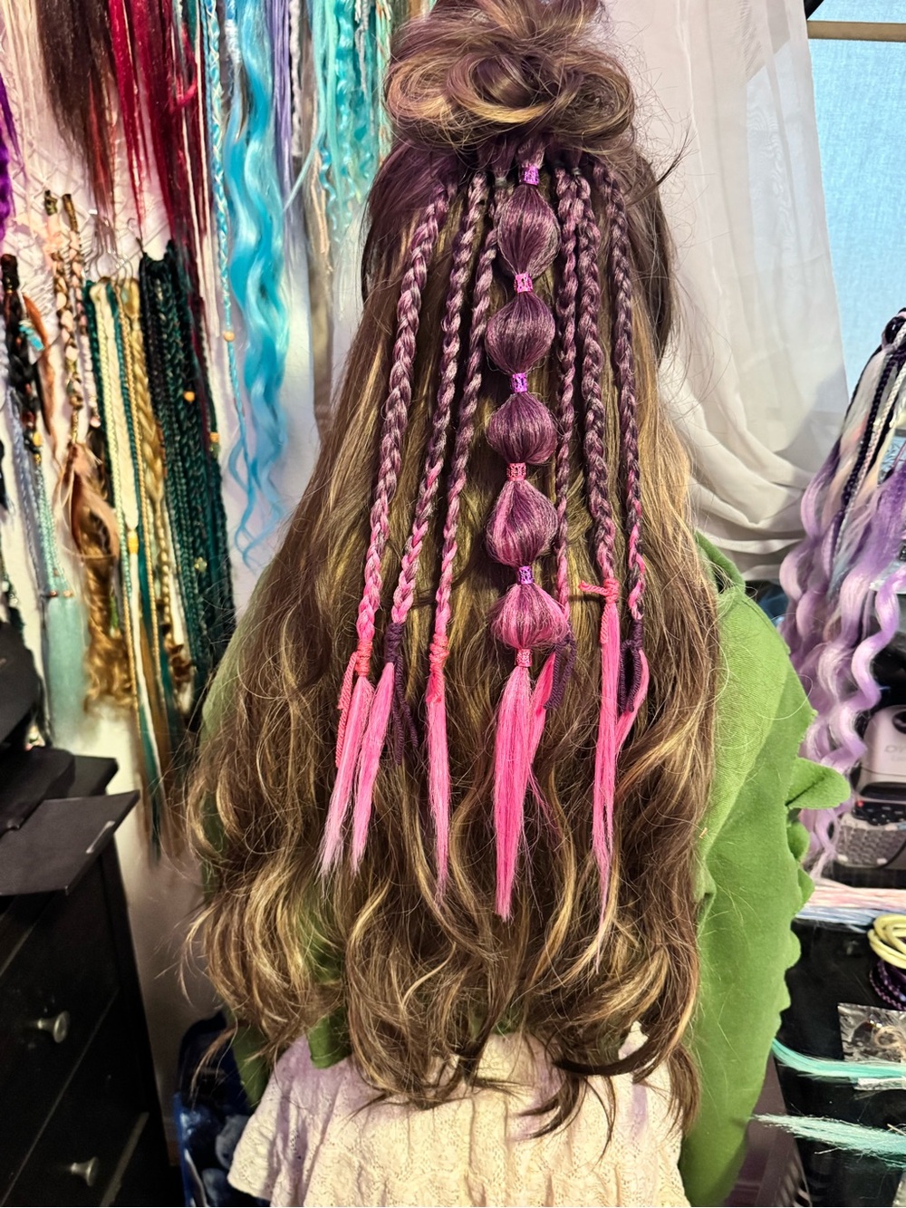 Brown Hair Braids with Pink & Purple Accent Extensions